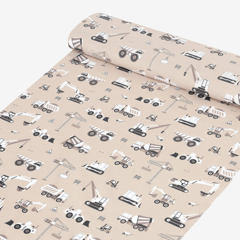 Baumwollstoff - Lastwagen und Bagger auf Beige