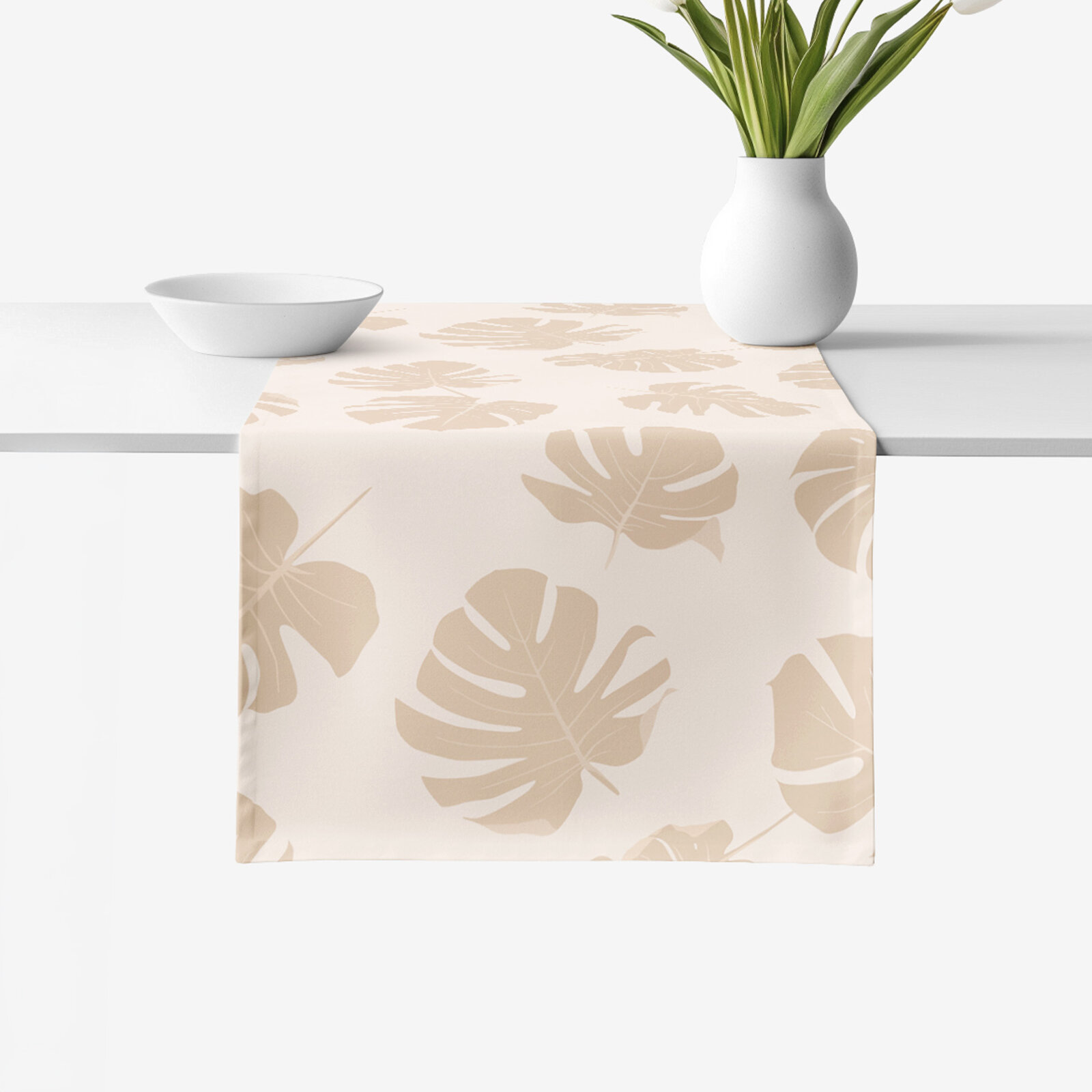 Tischläufer aus 100% Baumwolle - Tropische Blätter auf Beige