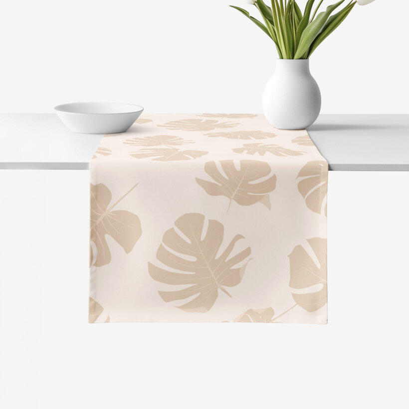 Tischläufer aus 100% Baumwolle - Tropische Blätter auf Beige