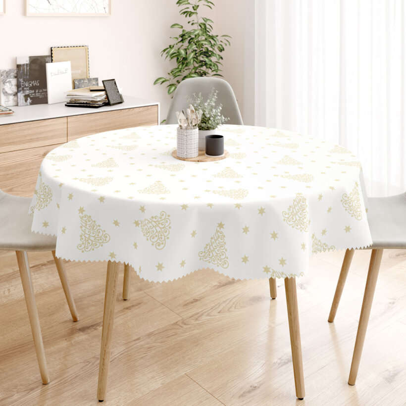 Runde Weihnachts Teflon-Tischdecke - Goldene Tannenbäume und Sterne
