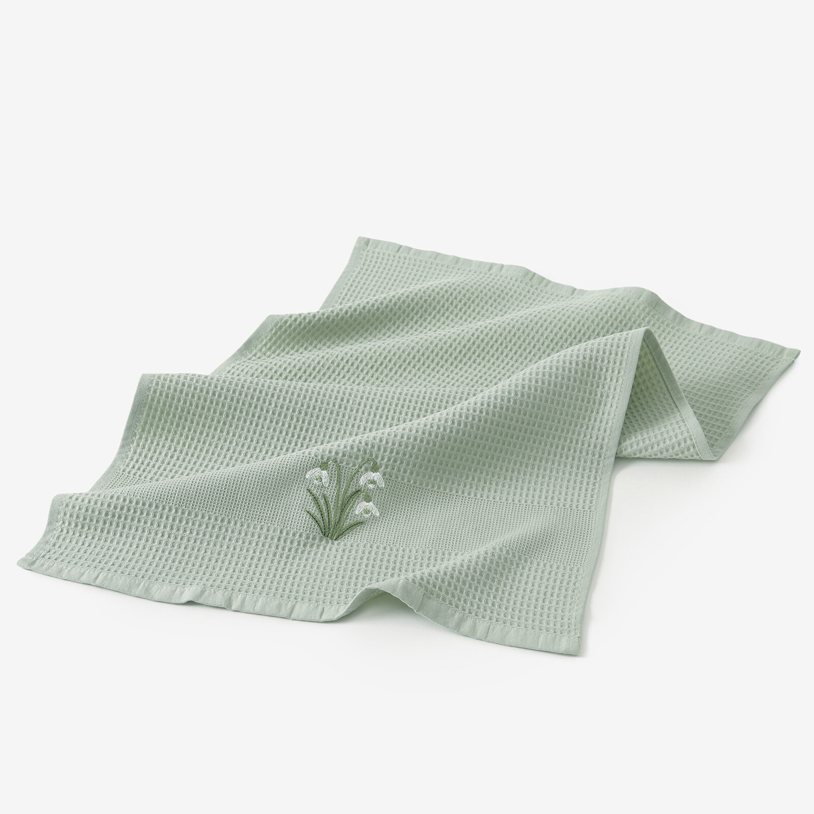 Waffel-Geschirrtuch mit Stickerei - Schneeglöckchen auf Salbei