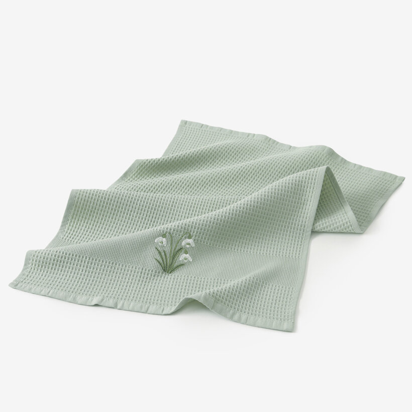Waffel-Geschirrtuch mit Stickerei - Schneeglöckchen auf Salbei