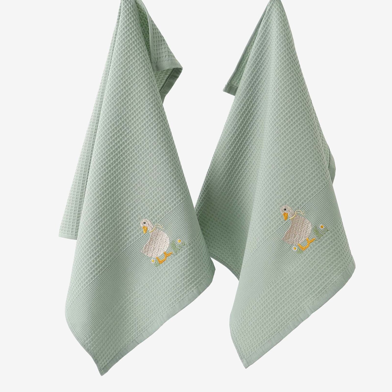 Ostern Waffel-Geschirrtuch mit Stickerei - Ente auf Salbeigrün