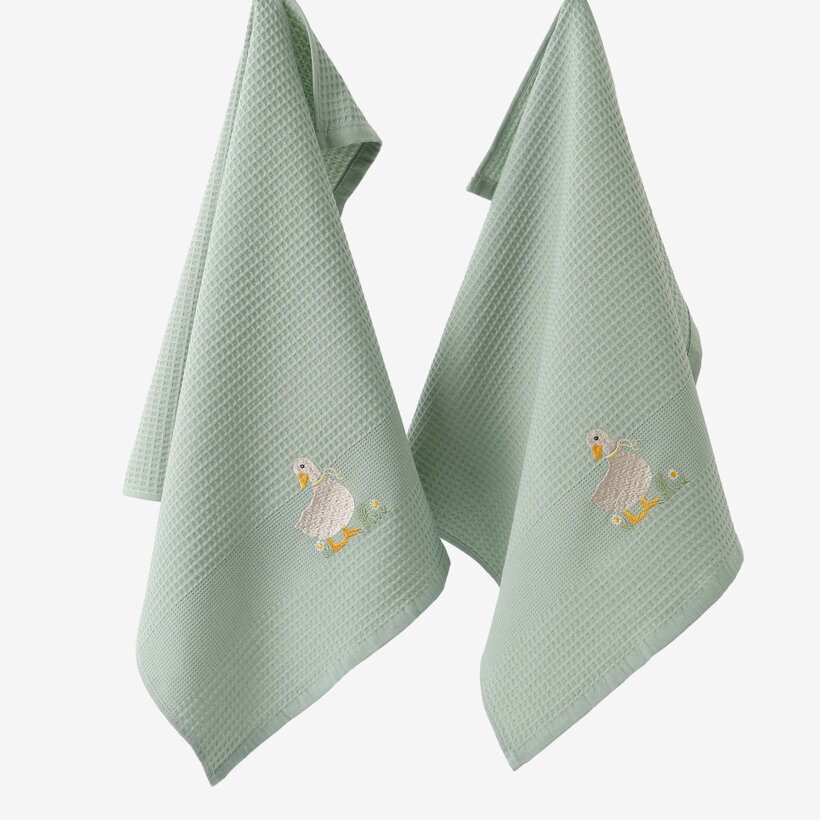 Ostern Waffel-Geschirrtuch mit Stickerei - Ente auf Salbeigrün