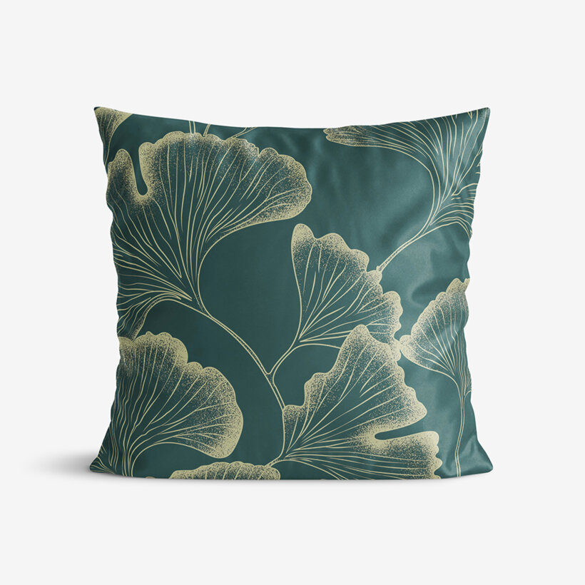 Kissenbezug aus Mako-Satin - Ginkgoblätter auf Dunkelgrün