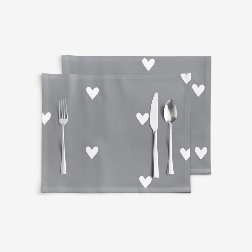 Tischset 100% Baumwolle - Herzchen auf Grau - 2 Stück