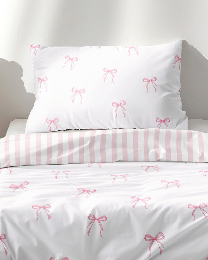 Kinder-Bettwäsche aus Baumwolle - rosa Schleifen mit Streifen
