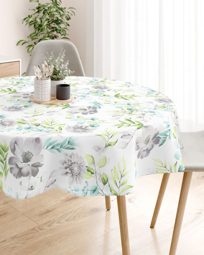 Runde Tischdecke 100% Baumwolle Deluxe - Eukalyptus mit Blumen