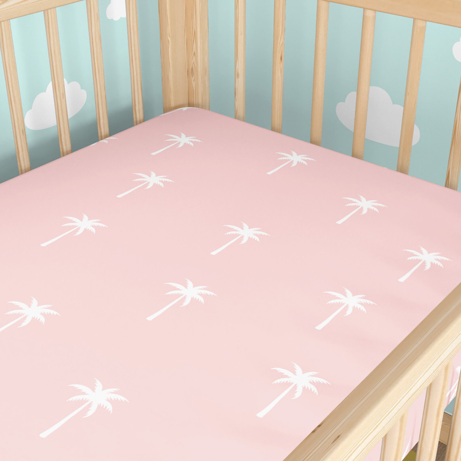Spannbetttuch aus Baumwolle für Babybetten - Palmen auf Pastellrosa