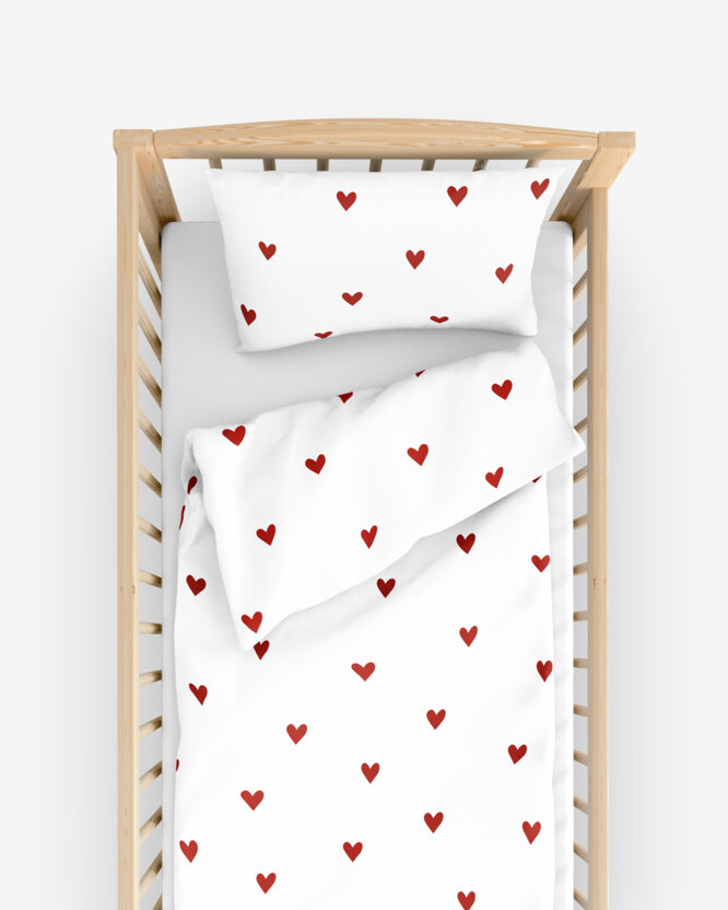 Bettwäsche für Babybetten aus Baumwolle - Rote Herzchen auf Weiß