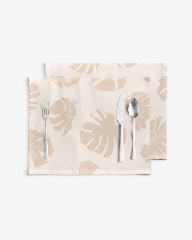 Tischset 100% Baumwolle - Tropische Blätter auf Beige - 2 Stück