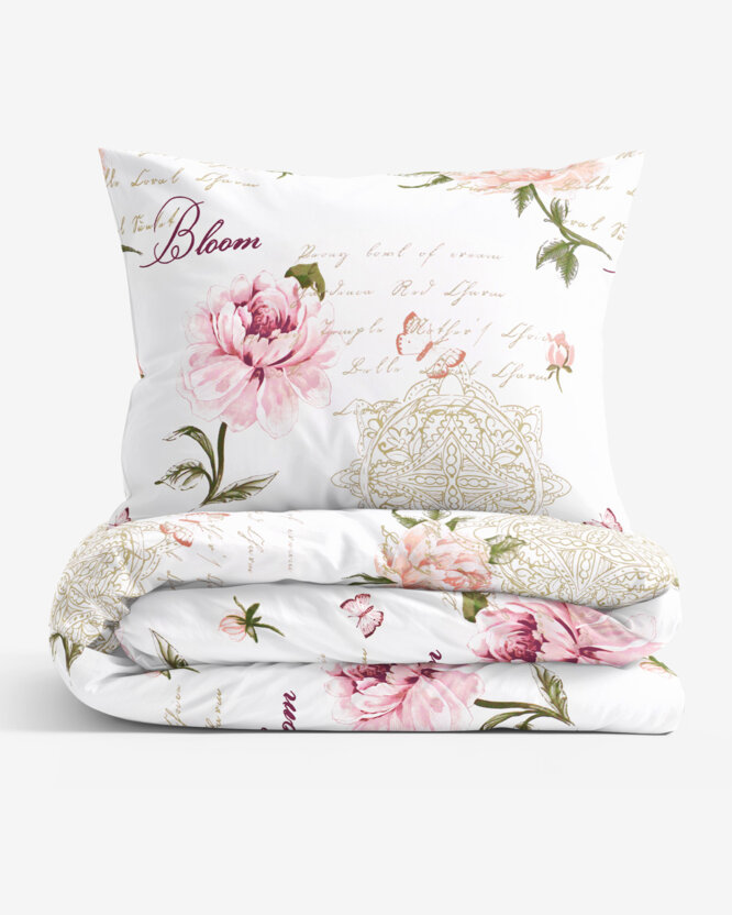 Bettwäsche aus Baumwolle - Pfingstrosen und Schriftzüge