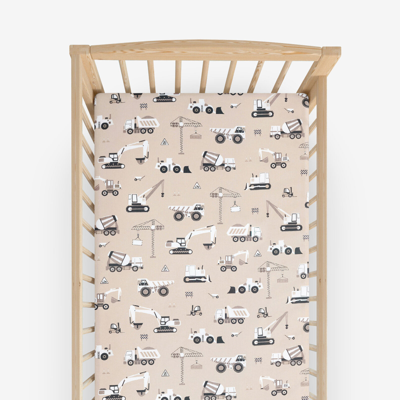 Spannbetttuch aus Baumwolle für Babybetten - Lastwagen und Bagger auf Beige