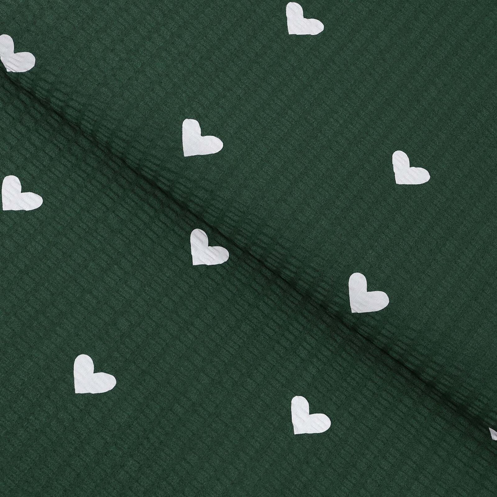 Weihnachtlicher Seersucker - Herzchen auf Dunkelgrün