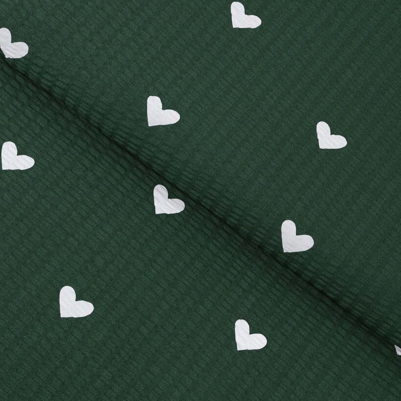 Weihnachtlicher Seersucker - Herzchen auf Dunkelgrün