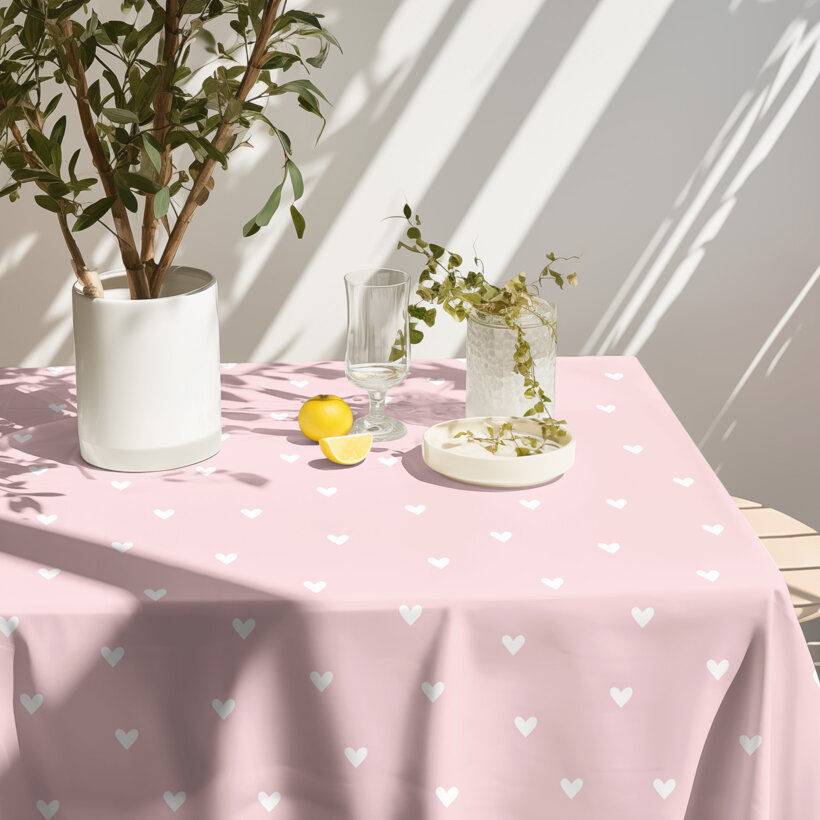 Eckige Tischdecke 100% Baumwolle - Herzchen auf Puderrosa
