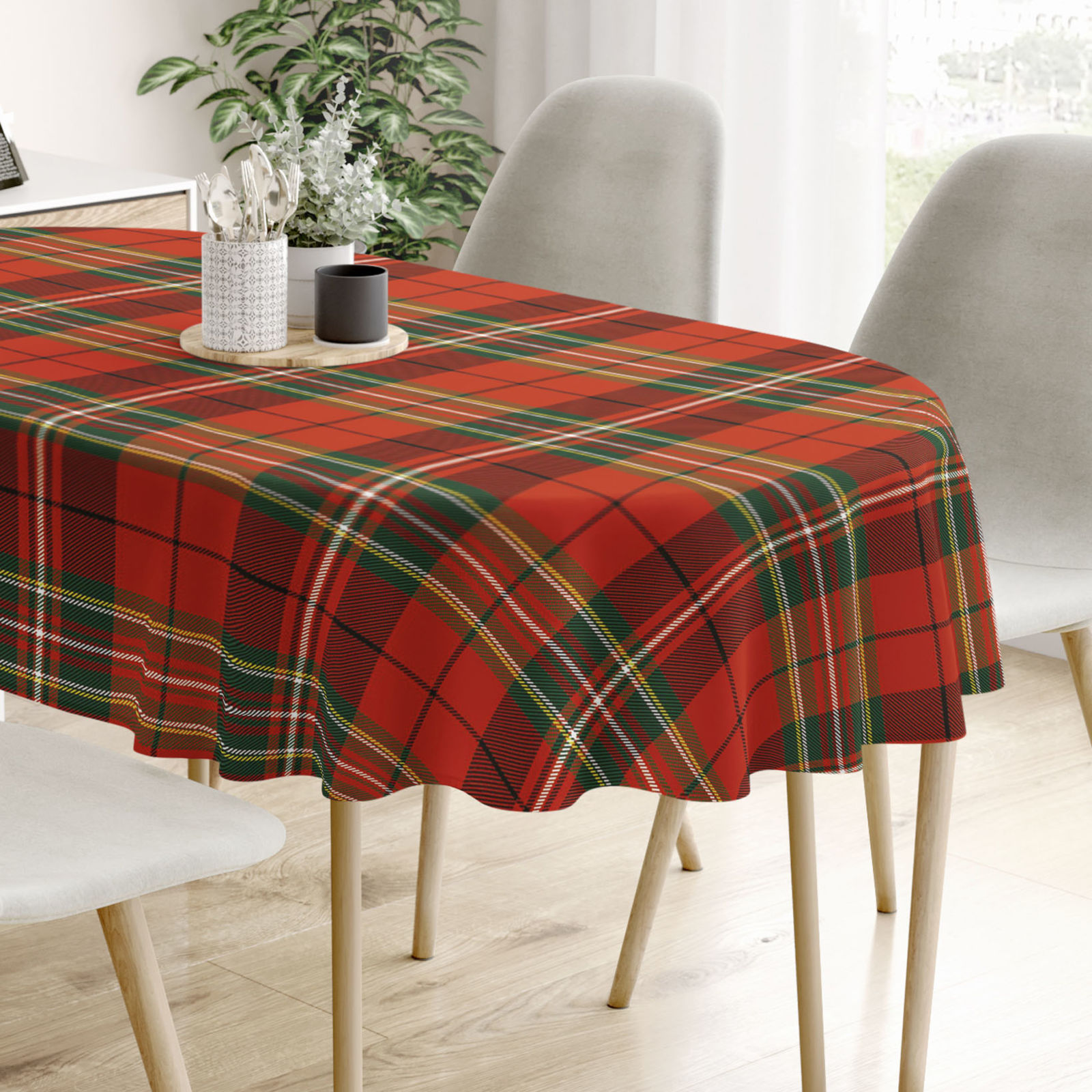 Ovale Tischdecke aus 100% Baumwolle - rotes Karo