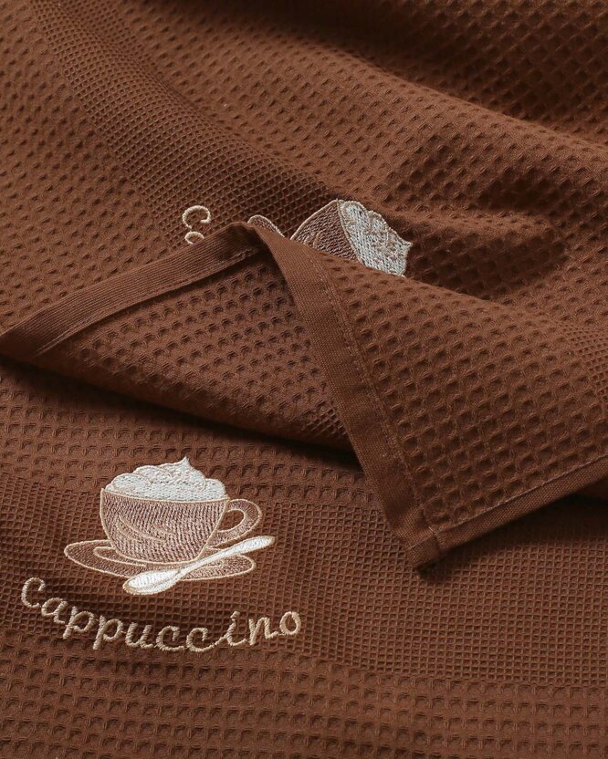 Waffel-Geschirrtuch mit Stickerei - Kaffee auf Braun