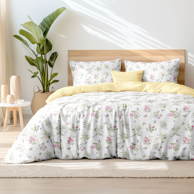 Bettwäsche aus Baumwolle Duo - Bunte Wiesenblumen mit Bananenfarbe
