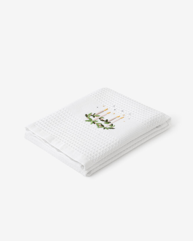 Waffel-Geschirrtuch mit Weihnachtsstickerei - Adventskranz auf Weiß