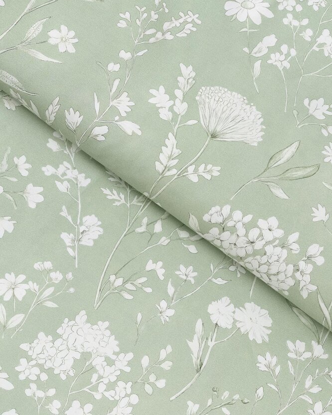 Mako-Satin - Wiesenblumen auf Salbeigrün