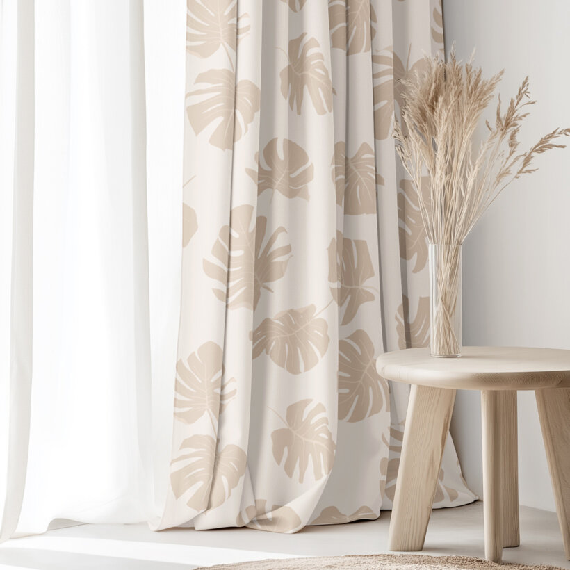 Vorhang aus Baumwolle - Tropische Blätter auf Beige