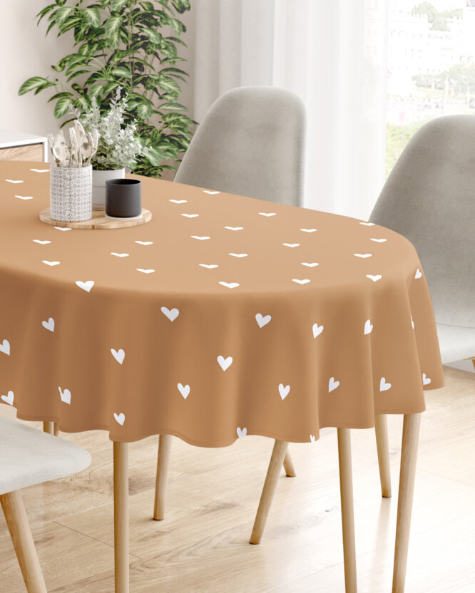 Ovale Tischdecke aus 100% Baumwolle - Herzchen auf Herbstbraun