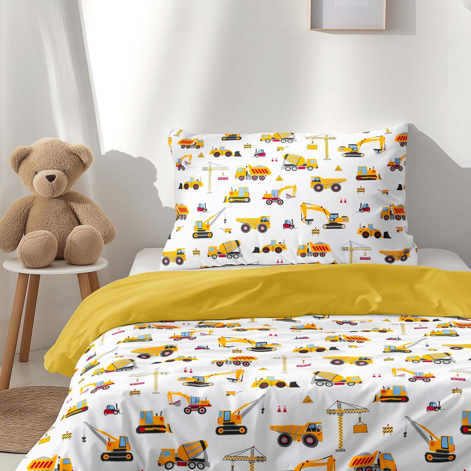 Kinder-Bettwäsche aus Baumwolle Duo - Lastwagen und Bagger mit Honiggelb