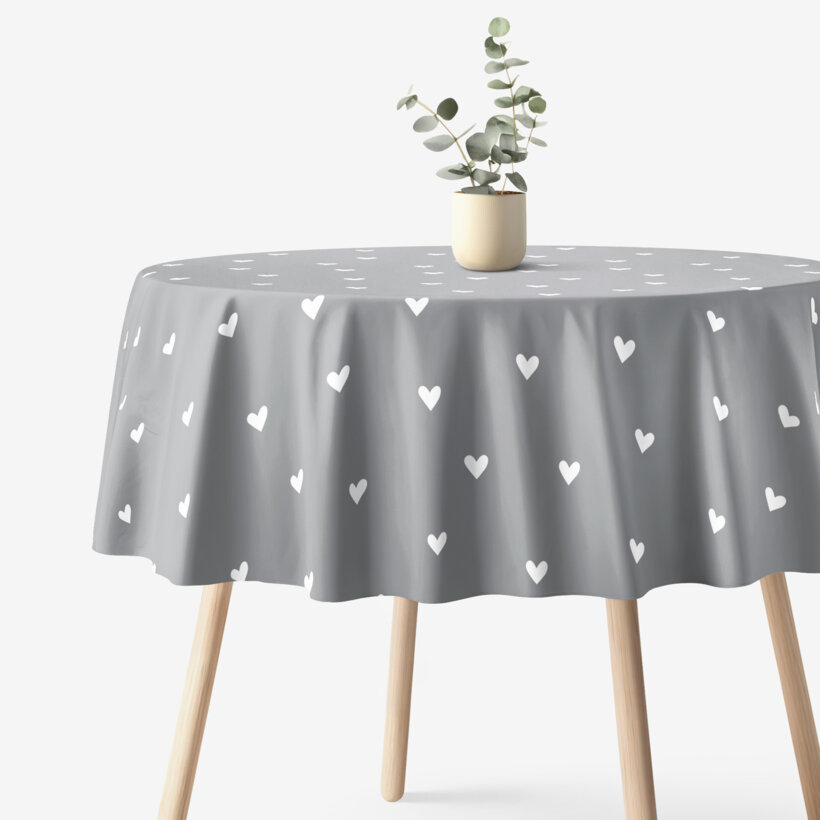 Runde Tischdecke 100% Baumwolle - Herzchen auf Grau