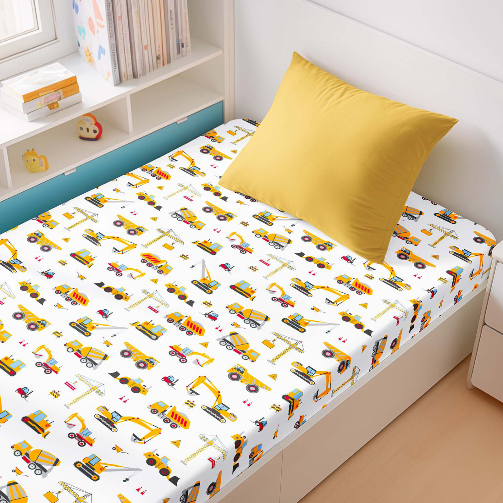 Kinder-Spannbetttuch aus Baumwolle - Lastwagen und Bagger