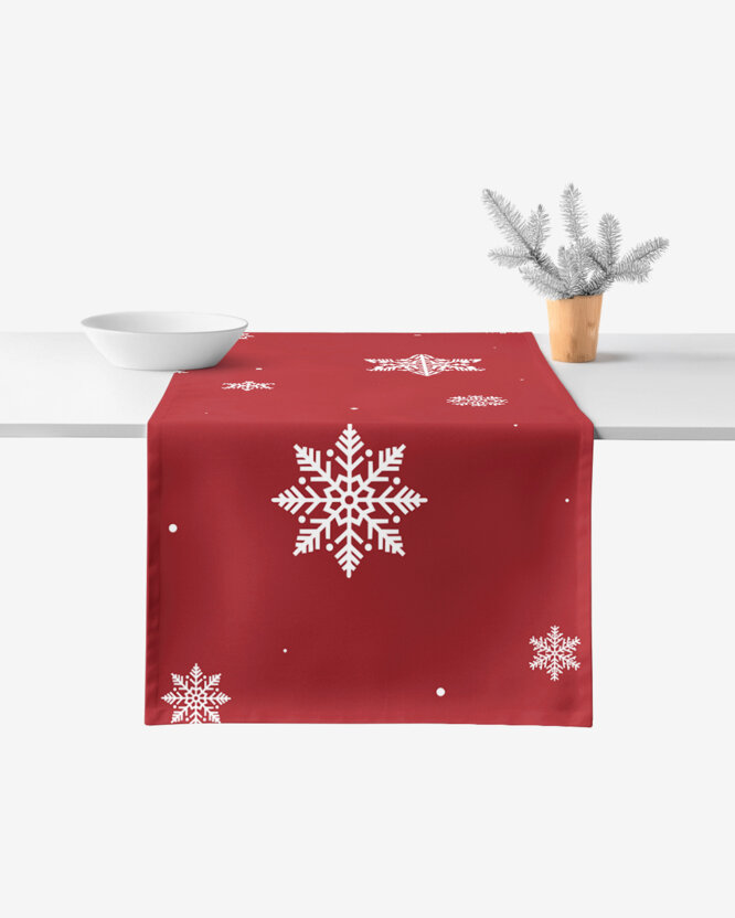 Weihnachtlicher Tischläufer aus 100% Baumwolle - Schneeflocken auf Rot