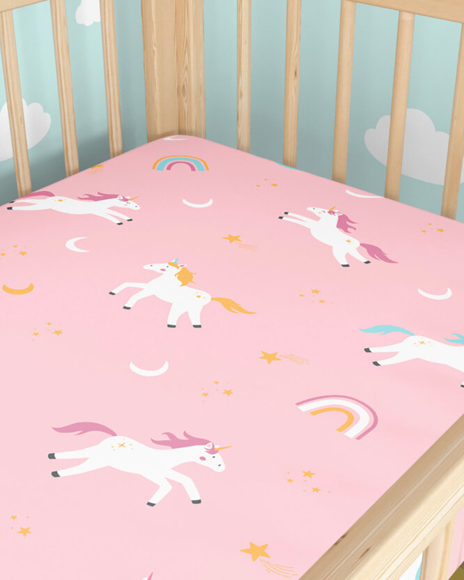Spannbetttuch aus Baumwolle für Babybetten - Lustige Einhörner
