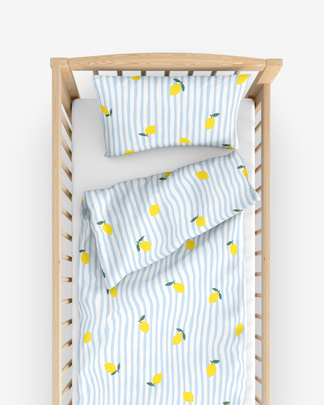 Bettwäsche für Babybetten aus Baumwolle - Frische Zitronen mit Streifen