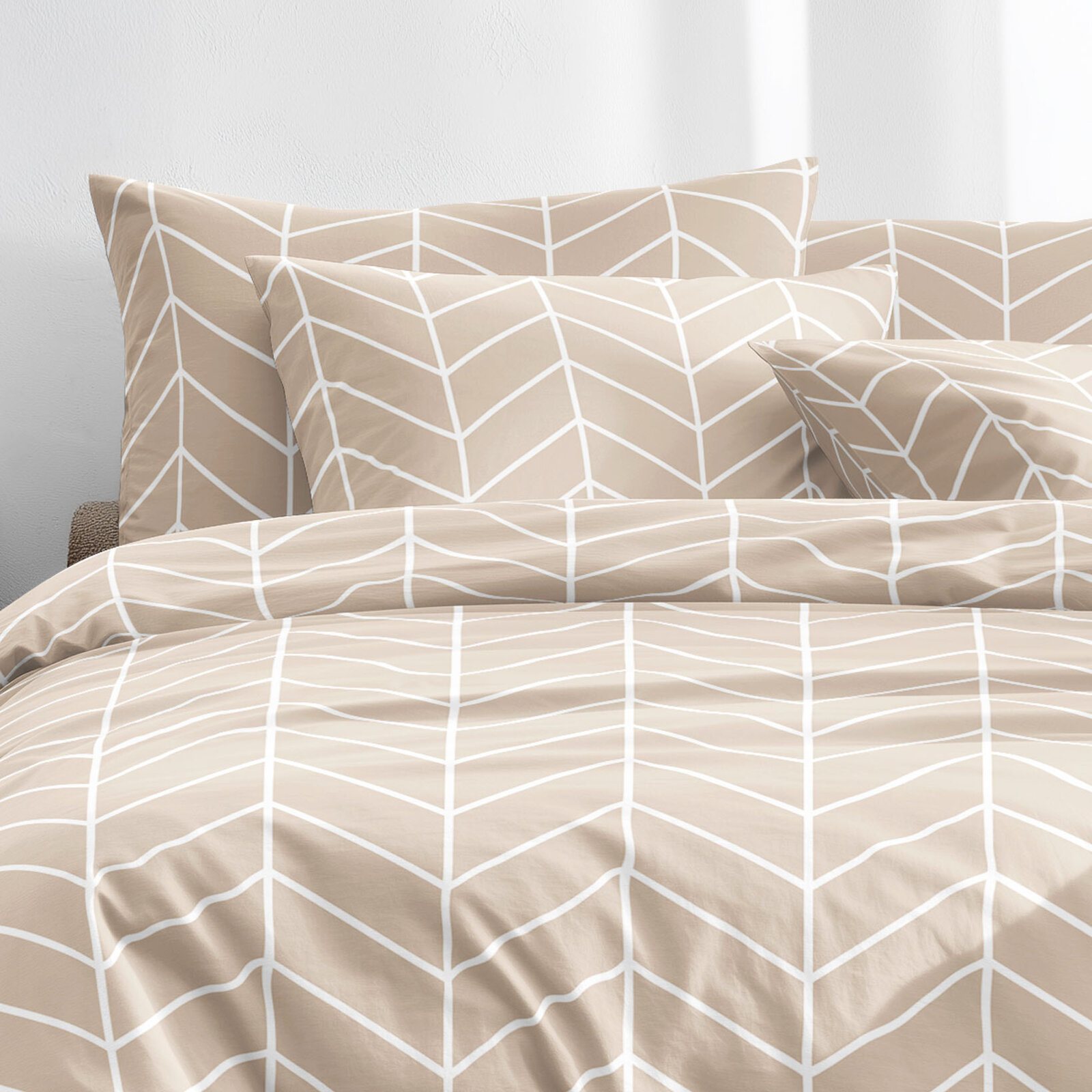 Bettwäsche aus Baumwolle - Weißer Zickzack auf Beige