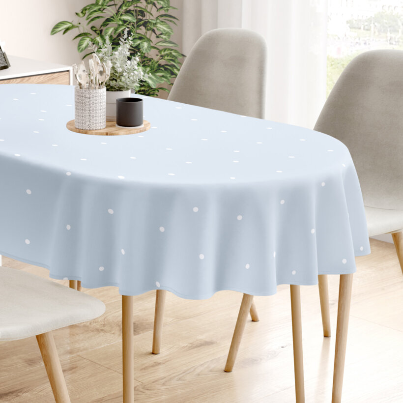 Ovale Tischdecke aus 100% Baumwolle - Pünktchen auf Himmelblau