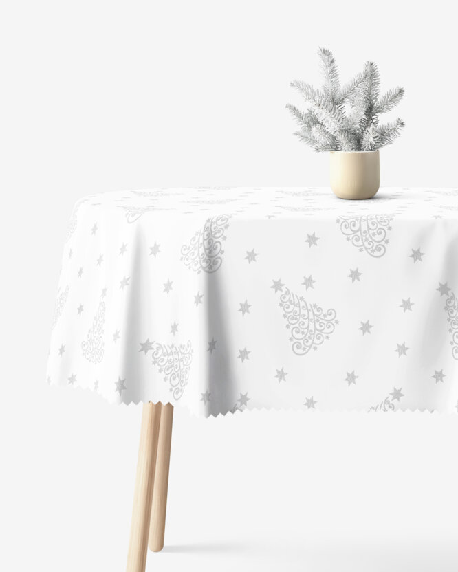 Ovale Weihnachts Teflon-Tischdecke - Silberne Tannenbäume und Sterne