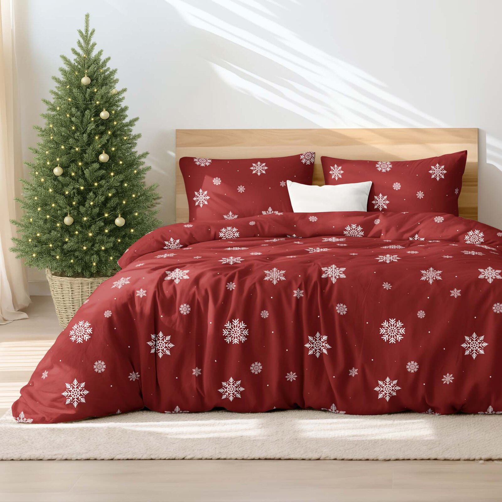 Weihnachtlich Bettwäsche aus Baumwolle - Schneeflocken auf Rot
