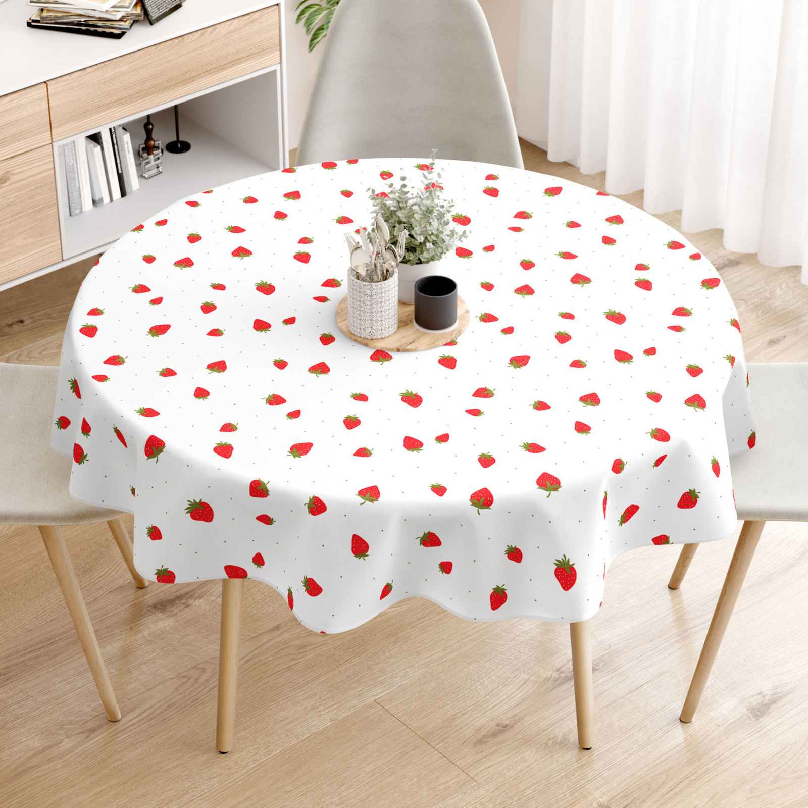 Runde Tischdecke 100% Baumwolle - frische Erdbeeren