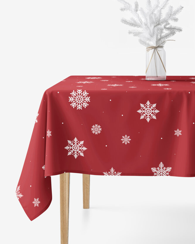 Eckige weihnachtliche Tischdecke 100% Baumwolle - Schneeflocken auf Rot