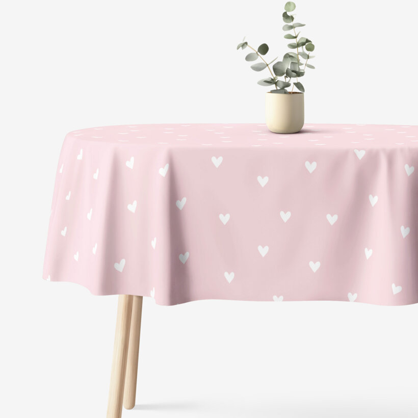 Ovale Tischdecke aus 100% Baumwolle - Herzchen auf Puderrosa