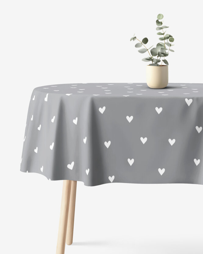 Ovale Tischdecke aus 100% Baumwolle - Herzchen auf Grau