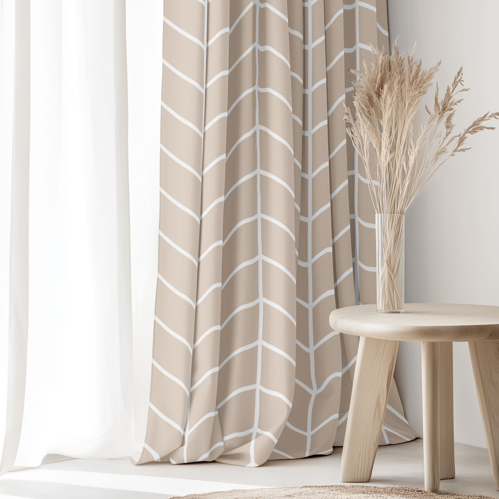 Vorhang aus Baumwolle - Weißer Zickzack auf Beige