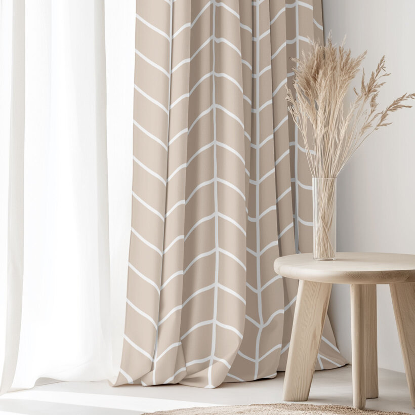 Vorhang aus Baumwolle - Weißer Zickzack auf Beige