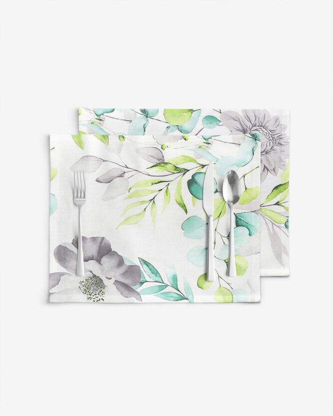 Tischset 100% Baumwolle Deluxe - Eukalyptus mit Blumen - 2 Stück