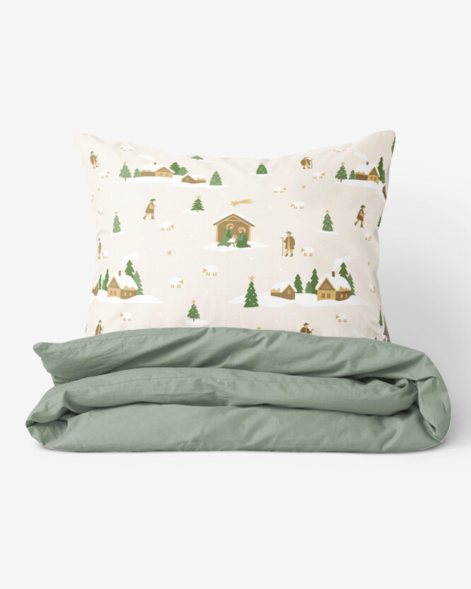 Weihnachts-Bettwäsche aus Baumwolle Duo - Weihnachtslieder mit Salbeigrün