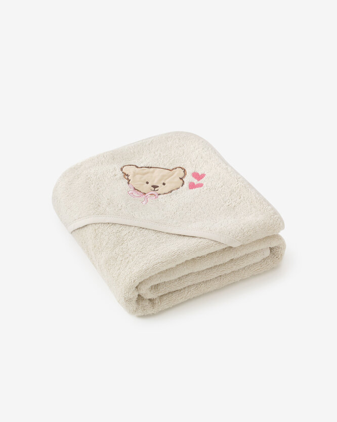 Frottee Babybadetuch mit Kapuze - Bärchen auf Beige