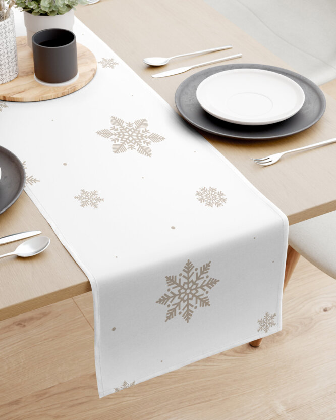 Weihnachtlicher Tischläufer aus 100% Baumwolle - Schneeflocken auf Weiß