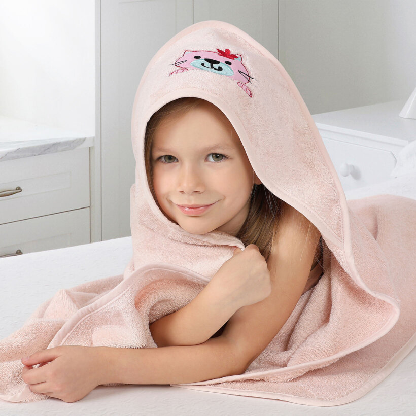 Frottee Babybadetuch mit Kapuze - Kätzchen auf Hellrosa