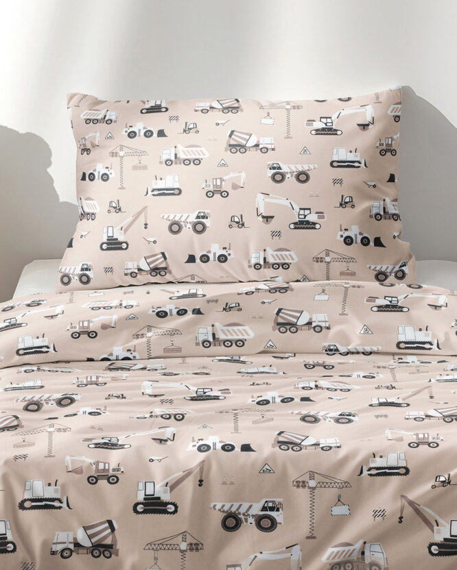 Kinder - Bettwäsche aus Baumwolle - Lastwagen und Bagger auf Beige