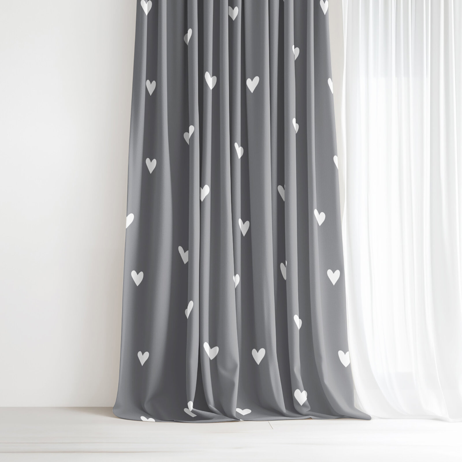 Vorhang aus Baumwolle - Herzchen auf Grau